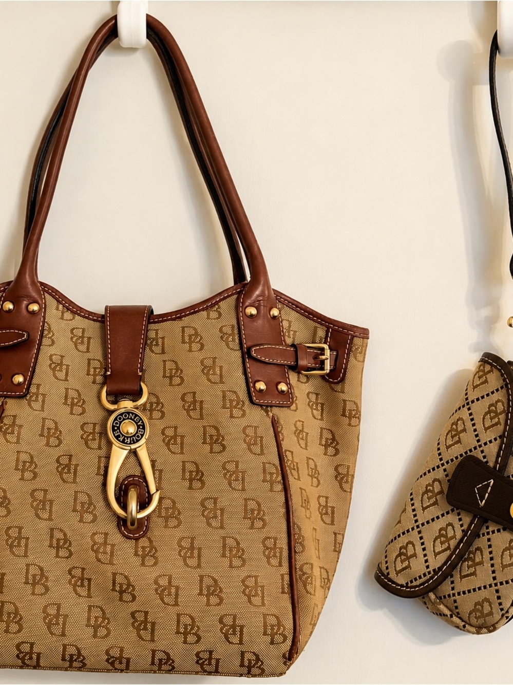 Dooney & Bourke DB Monogram Canvas Tote + Matching Wristlet Bundle